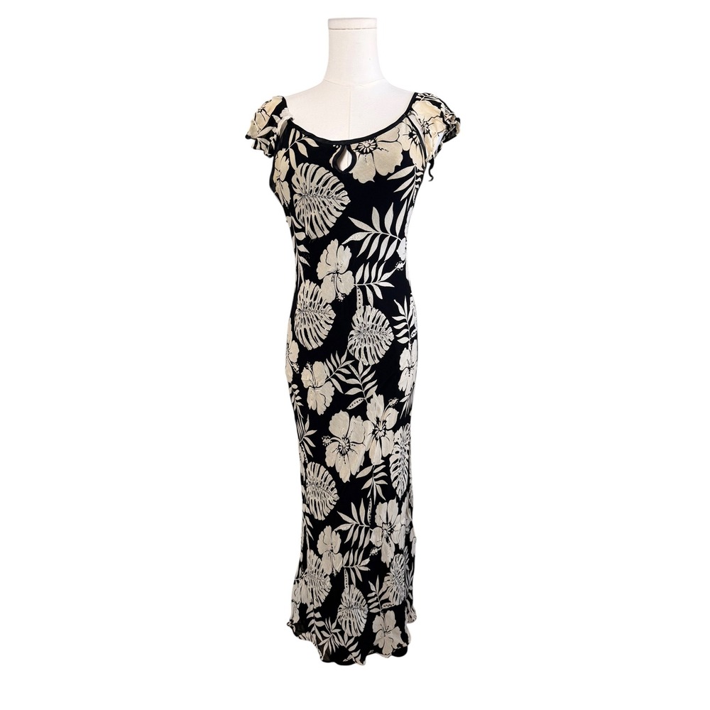 Dressbarn Vintage Tropical Floral Maxi Dress Black White Small Rayon Monstera
